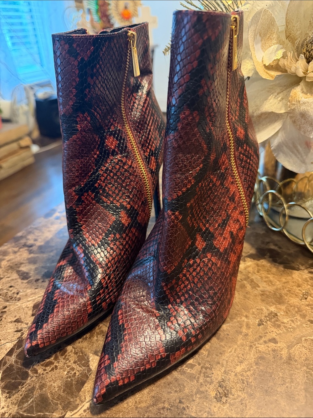 Michael Kors Red Snakeskin Pointed Toe Ankle Booties